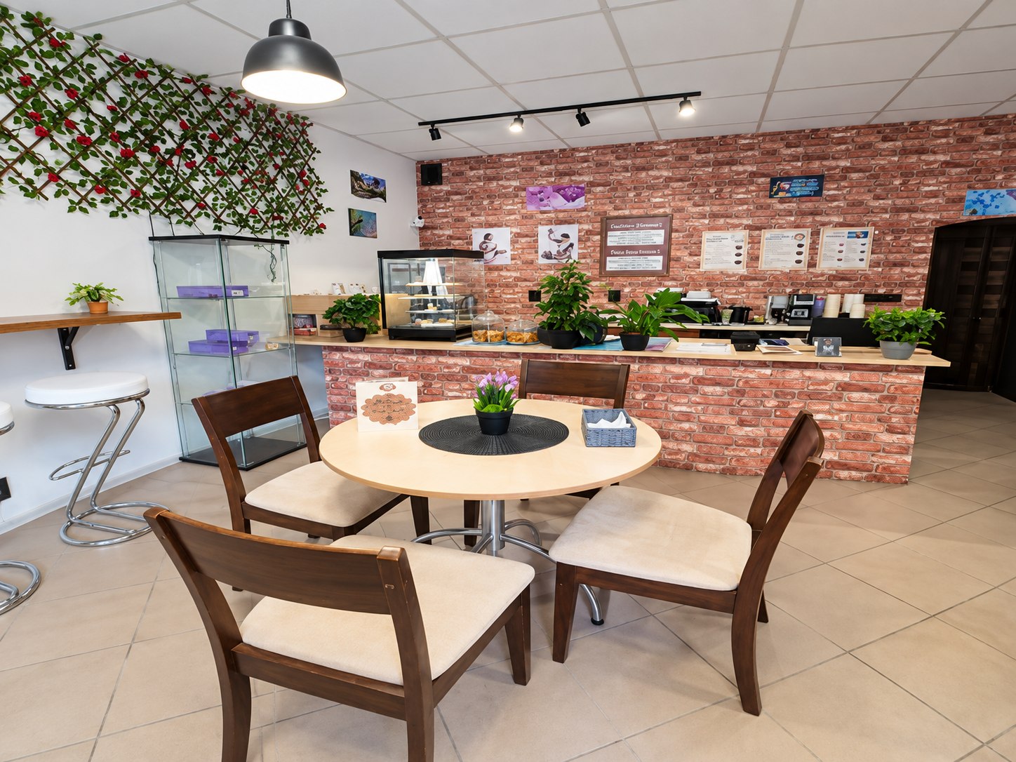 Interior of El Shaddai with a round table, chairs and the brick-fronted counter
